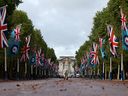 The British Royal Air Force and Flags Union Jack hang along the shopping center in the Buckingham Palace, in the center of London on September 3, 2025, on the eve of the Battle Day for Britain on September 15.