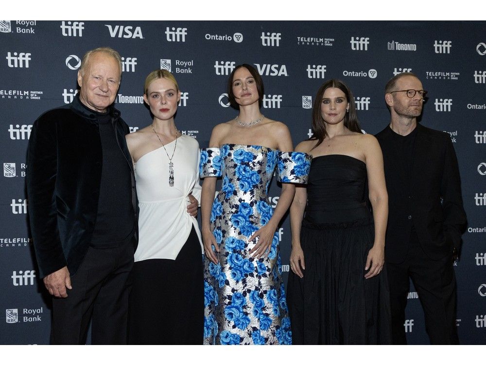 Left to right: Swedish actor Stellan Skarsgard, U.S. actress Elle Fanning, Norwegian actress Renate Reinsve, Norwegian actress Inga Ibsdotter Lilleaas and Danish-Norwegian director Joachim Trier attend the premiere of "Sentimental Value" at the Princess of Wales Theatre during the Toronto International Film Festival in Toronto, on Sept. 4, 2025.