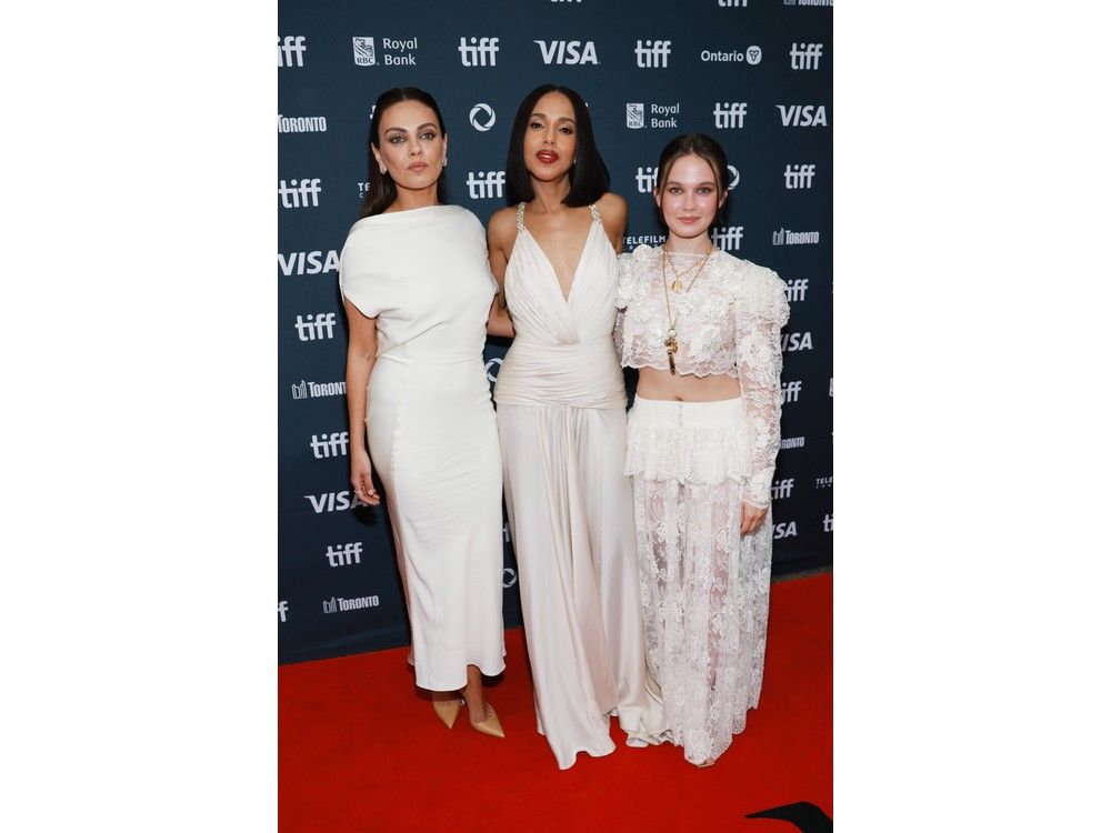 Left to right: Mila Kunis, Kerry Washington and Cailee Spaeny attend the premiere of "Wake Up Dead Man: A Knives Out Mystery" during the 2025 Toronto International Film Festival at Princess of Wales Theatre on Sept. 6, 2025 in Toronto.