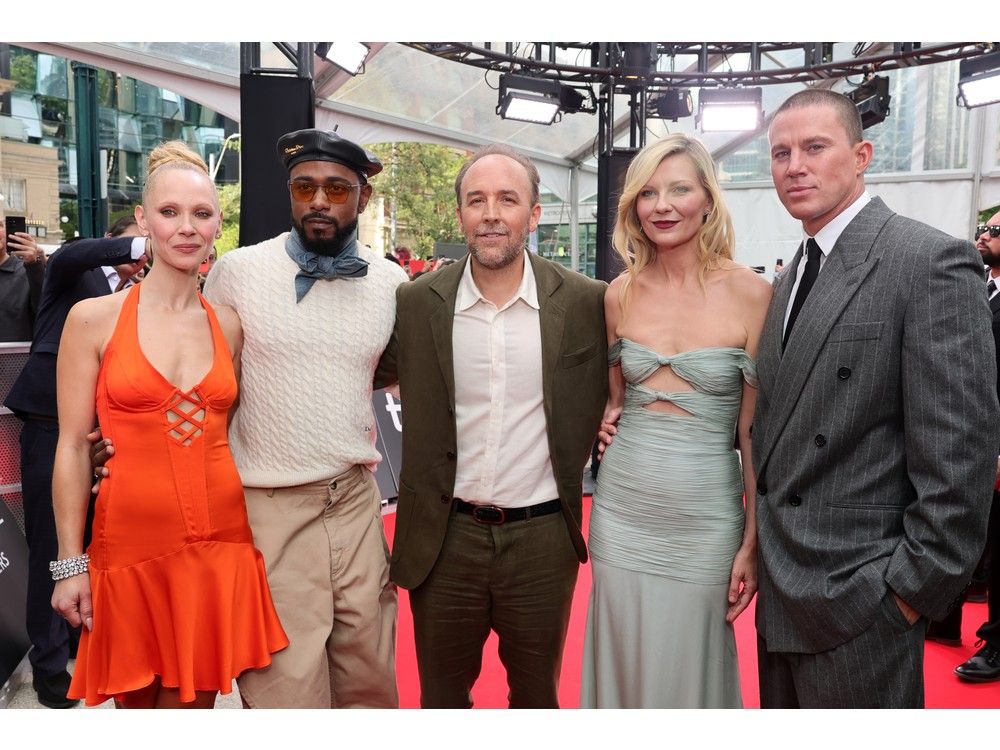 Left to right: Juno Temple, LaKeith Stanfield, Derek Cianfrance, Kirsten Dunst, and Channing Tatum attend the premiere of "Roofman" during the 2025 Toronto International Film Festival at Roy Thomson Hall on Sept. 6, 2025 in Toronto.