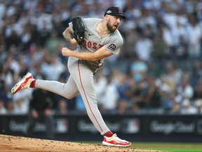 Garrett Crochet of the Boston Red Sox pitches against the New York Yankees.