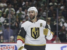 FILE - Vegas Golden Knights defenseman Alex Pietrangelo (7) lines up before a faceoff against the Minnesota Wild during the second period in Game 4 of an NHL hockey Stanley Cup first-round playoff series, Saturday, April 26, 2025, in St. Paul, Minn.