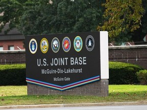 A sign for a joint base in the USA McGuire-Dix-lakehurst in New Jersey can be seen on Tuesday, September 30, 2025.