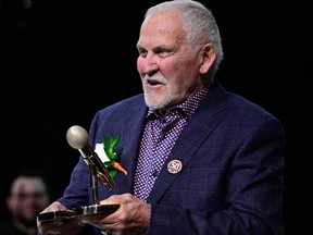 Former Philadelphia Flyers goalie Bernie Parent during a ceremony for public address announcer Lou Nolan prior to an NHL hockey game against the Anaheim Ducks, Saturday, April 9, 2022, in Philadelphia.