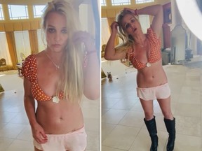 Britney Spears films herself while items can be seen in the background, including what appears to be pet poop on the floor of her home.