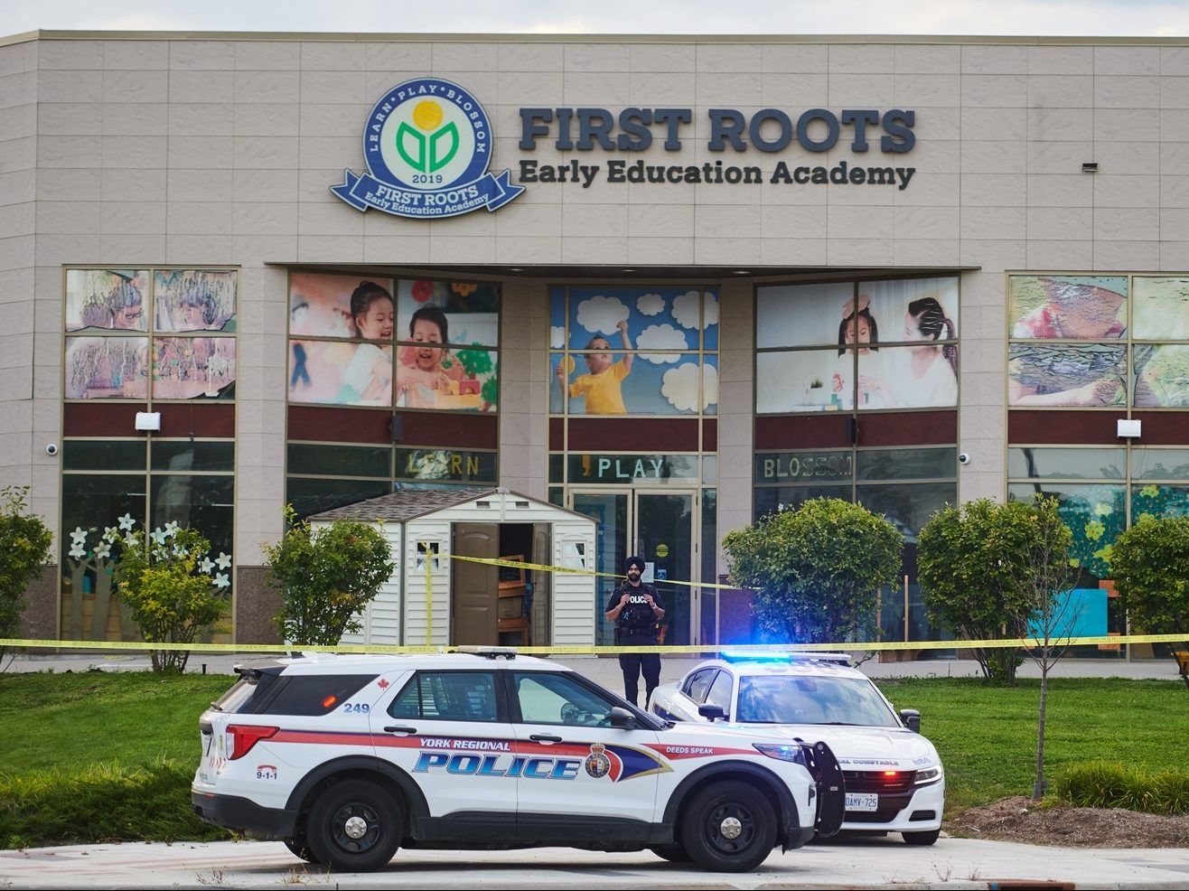 Police block off First Roots Early Education Academy after a car drove through its window in Richmond Hill, Ont., on Wednesday, Sept. 10, 2025. 