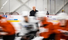 Philadelphia Flyers head coach Rick Tocchet oversees practice during hockey training camp at the Flyers Training Center on Thursday, Sept. 18, 2025. (Jose F. Moreno/The Philadelphia Inquirer via AP)