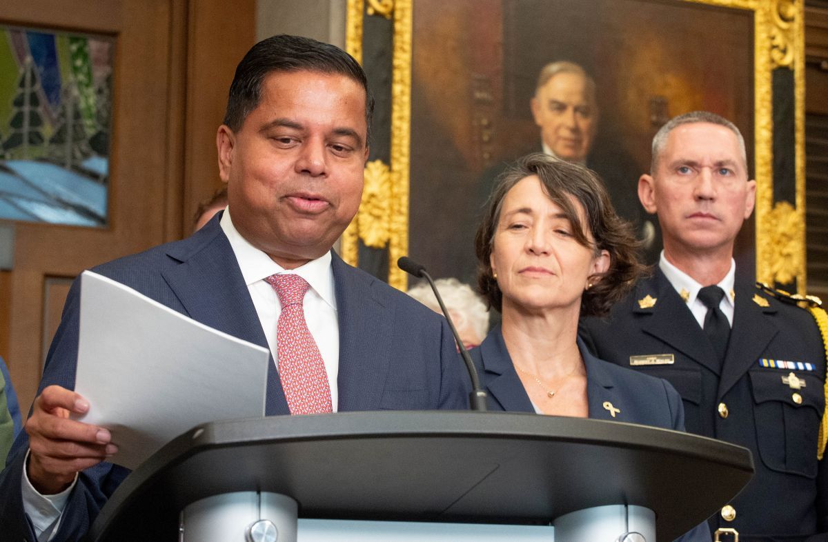 LIberal MP Nathalie Provost, left,, Public Safety Minister Gary Anandasangaree and Cape Breton Police Chief Robert Walsh participate in a press conference announcing the government's firearms buy-back program on Parliament Hill in West Block in Ottawa, Ont. on Tuesday, Sept. 23 2025.