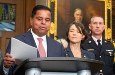 Public Safety Minister Gary Anandasangaree, Liberal MP Nathalie Provost, and Cape Breton Police Chief Robert Walsh participate in a press conference announcing the government's firearms buy-back program on Parliament Hill in Ottawa..