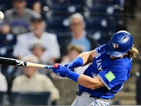 Blue Jays’ Addison Barger hits an RBI single against the Tampa Bay Rays at George M. Steinbrenner Field in Tampa.  Getty Images