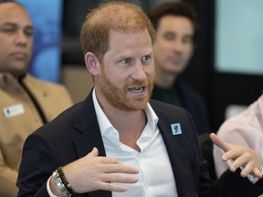 Prince Harry, Duke of Sussex, takes part in a panel discussion on how social action positively impacts mental health, in Salisbury Square on Wednesday, Sept. 11, 2025 in London.