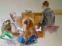 This courtroom sketch shows Ryan Routh, back left, as Kristy Militello, far left, Routh's lead public defender, reviews the day's Juror Lists with the co-assistant defence counsel during the trial of Routh, who is charged with attempting to assassinate Donald Trump last year at a golf course in South Florida, Monday, Sept. 8, 2025, in Fort Pierce, Fla.