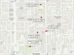 Toronto police map showing violent incident locations in downtown, August 31, 2025.
