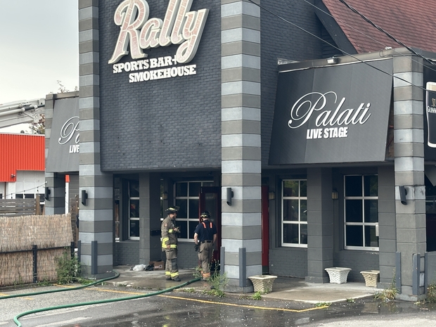  Toronto Fire investigate a fire that sparked at 5:44 a.m. at the Rally Sports Bar & Smokehouse located on the East-York North York border off of O’Connor Dr. and Northline Rd. on Monday September 22, 2025.