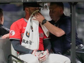 David Fry is taken off the field after being hit in the face by a pitch.