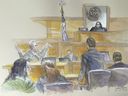 This courtroom sketch shows Ryan Routh, left, throwing his arms up directed at U.S. District Judge Aileen Cannon in frustration as jury selection begins in the trial of Routh, who is charged with attempting to assassinate Donald Trump last year at a golf course in South Florida, Monday, Sept. 8, 2025, in Fort Pierce, Fla.