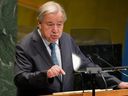 Secretary General Antonio Guterres addresses the 80th session of the United Nations General Assembly, Tuesday, Sept. 23, 2025, at UN headquarters.
