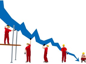 A downward arrow over construction workers.