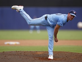 Blue Jays pitcher Chris Bassitt delivers against the Tampa Bay Rays at George M. Steinbrenner Field on Sept. 18, 2025 in Tampa, Fla.