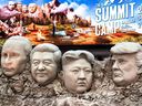 The likenesses of presidents Vladimir Putin, Xi Jinping, Kim Jong Un and Donald Trump look down over stalls of camping equipment in one of Bangkok's biggest shopping malls.