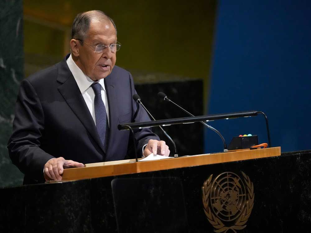 Russia's Minister for Foreign Affairs Sergey Lavrov addresses the 80th session of the United Nations General Assembly, Saturday, Sept. 27, 2025, at UN headquarters.