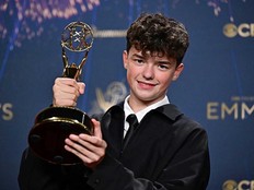 British actor Owen Cooper poses in the press room with the award for Outstanding Supporting Actor in a Limited or Anthology Series or Movie for "Adolescence" during the 77th Primetime Emmy Awards at the Peacock Theatre at LA Live in Los Angeles on Sept. 14, 2025.