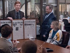 Domhnall Gleeson, Tim Key and Chelsea Frei star in “The Paper.”