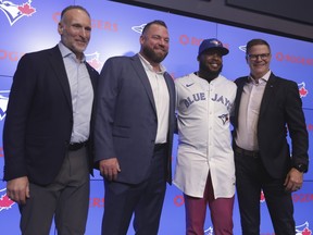 From left: Blue Jays president Mark Shapiro, team manager John Schneider, star slugger Vladimir Guerrero Jr. and GM Ross Atkins