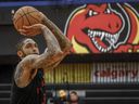 Brandon Ingram of the Toronto Raptors shoots a basketball during training camp in Calgary.