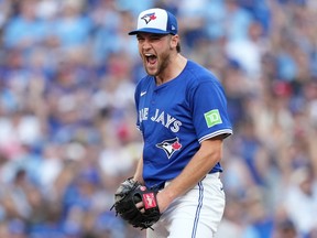 Toronto Blue Jays pitcher Trey Yesavage (39) celebrates after hitting the New York Yankees during the fourth inning of Game 2 of the ALDS on Sunday.