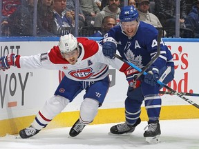 Brendan Gallagher of the Montreal Canadiens skates against Morgan Rielly of the Toronto Maple Leafs during a game last season.