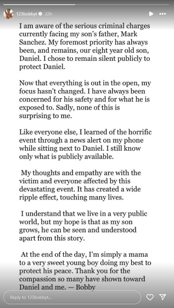 Bobby T's Instagram story regarding the Mark Sanchez stabbing incident.