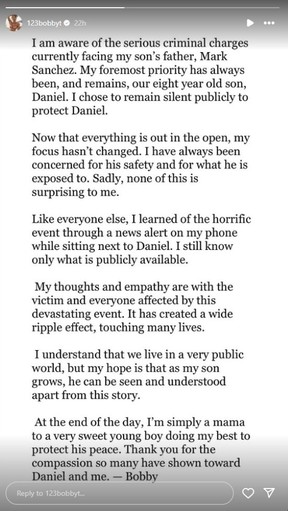 Bobby T's Instagram story about the Mark Sanchez stabbing incident.