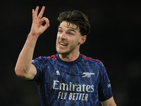 Arsenal's Declan Rice reacts during the Premier League match against Fulham.