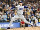 Blake Snell of the Los Angeles Dodgers pitches during the eighth inning against the Milwaukee Brewers in Game 1 of the National League Championship Series.
