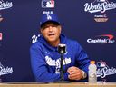 Los Angeles Dodgers manager Dave Roberts speaks at a news conference before Game 3 of the World Series.