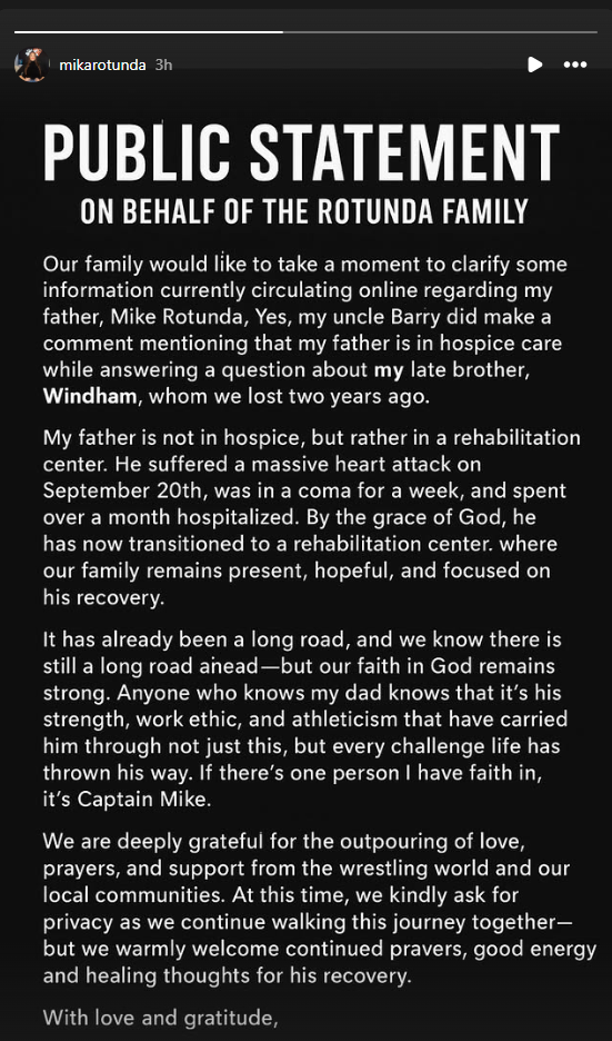 Mika Rotunda posted a statement about her father, Mike 'IRS' Rotunda on Instagram.