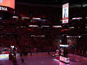 Stanley Cup championship banner raised at the Florida Panthers' arena, October 2025.
