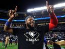 Vladimir Guerrero Jr. #27 celebrates on the field after the Blue Jays defeated the New York Yankees in Game 4 of the American League Division Series at Yankee Stadium on October 8, 2025 in New York.