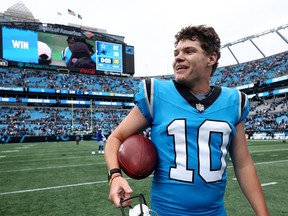 Ryan Fitzgerald of the Carolina Panthers after kicking a winning field goal in Charlotte, N.C., Oct. 12, 2025.