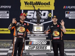 Chase Briscoe celebrates his victory at Talladega Superspeedway in Alabama on October 19, 2025.