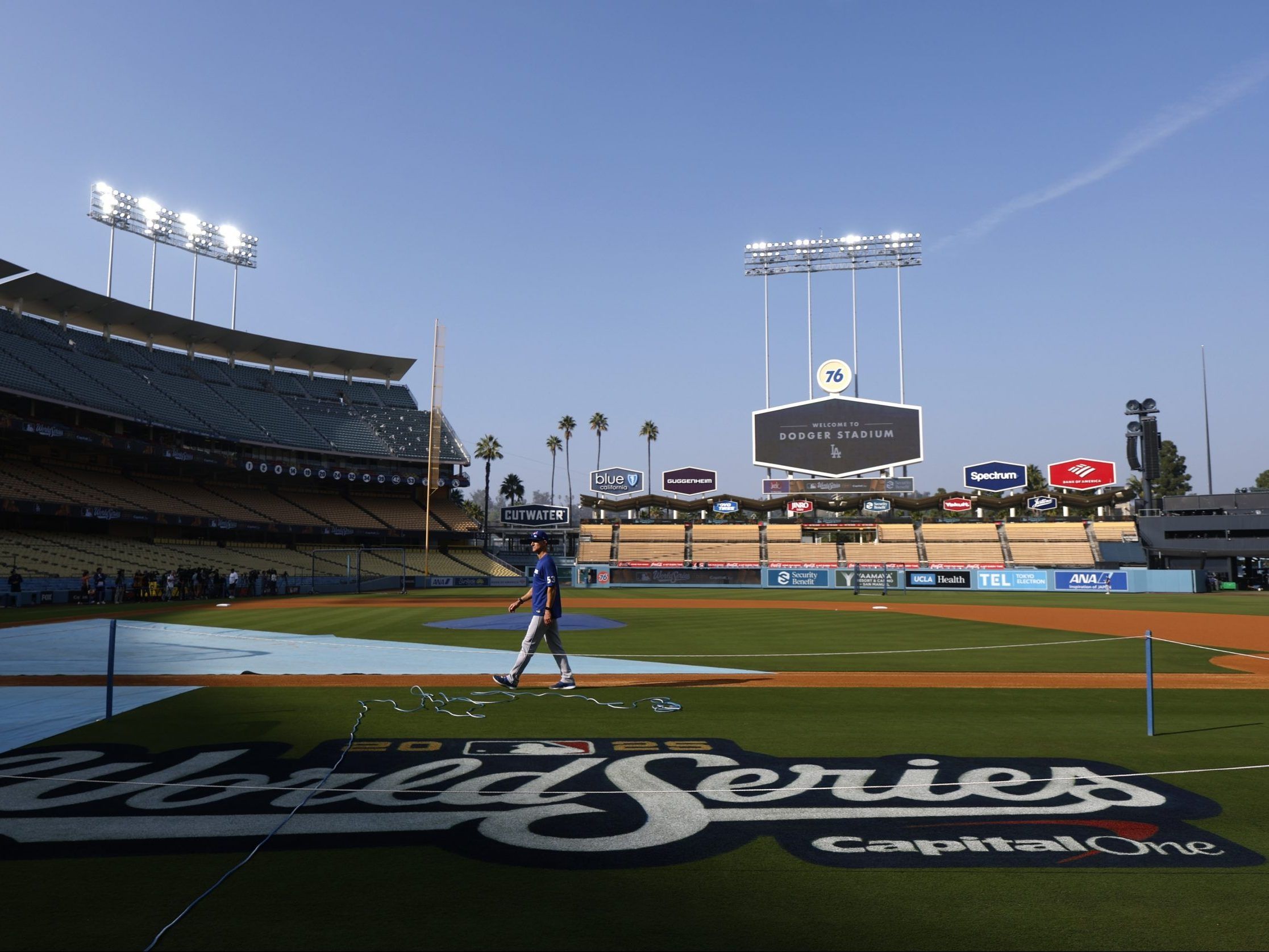 General view of Dodger Stadium with the World Series logo in Los Angeles on October 26, 2025.