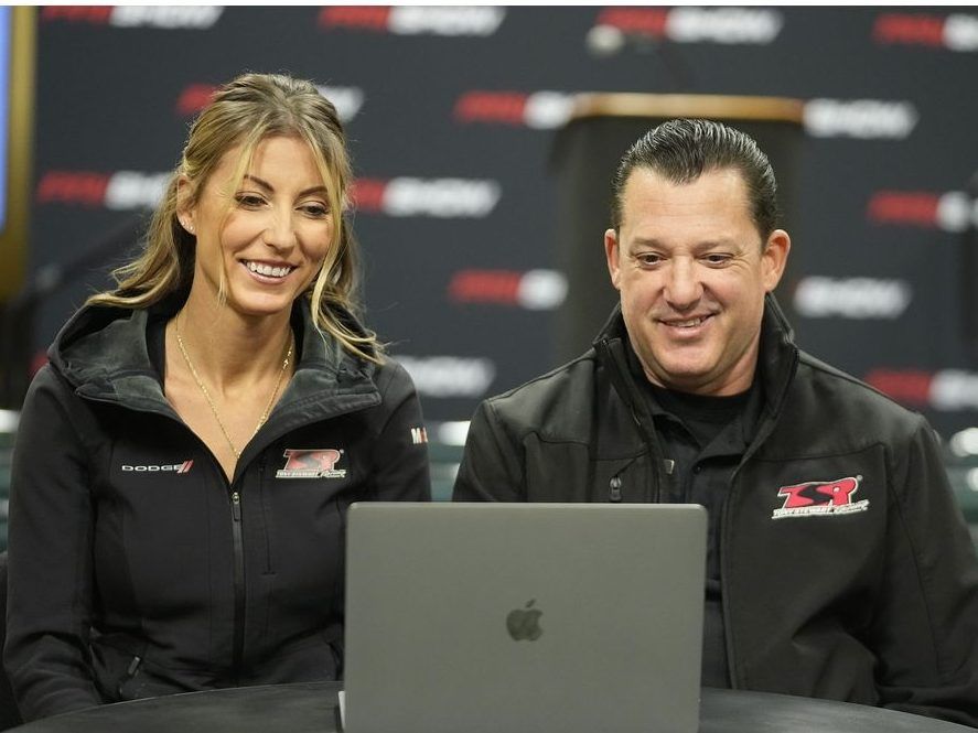FILE - Leah Pruett and her husband Tony Stewart speak at a news conference Thursday, Dec. 7, 2023, in Indianapolis.