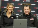 FILE - Leah Pruett and her husband Tony Stewart speak at a news conference Thursday, Dec. 7, 2023, in Indianapolis.