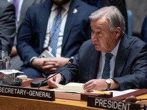 Antonio General Secretary of the United Nations, Antonio Gaterris acts during a meeting of the Security Council at the United Nations headquarters, on Tuesday, September 23, 2025, at the UN headquarters.