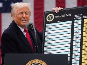 President Donald Trump speaks during an event to announce new tariffs April 2, 2025, in the White House Rose Garden in Washington.