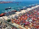 An aerial view of the Qingdao container port in eastern China's Shandong province, June 6, 2024. (Chinatopix via AP, file)