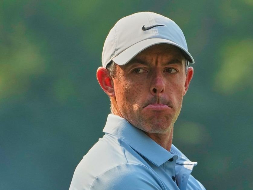 Rory McIlroy of Northern Ireland reacts during the DP World Tour Championship golf tournament in New Delhi, India, Thursday, Oct. 16, 2025.