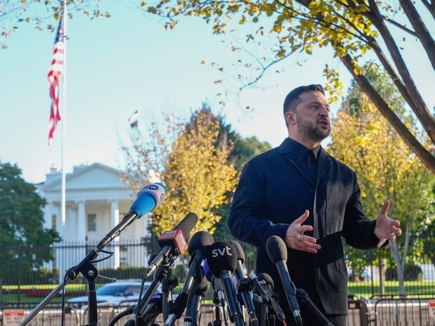 Ukraine's President Volodymyr Zelenskyy speaks to reporters in Lafayette Park across the street from the White House, following a meeting with President Donald Trump, Friday, Oct. 17, 2025, in Washington. Ukraine's President Volodymyr Zelenskyy speaks to reporters in Lafayette Park across the street from the White House, following a meeting with President Donald Trump, Friday, Oct. 17, 2025, in Washington.