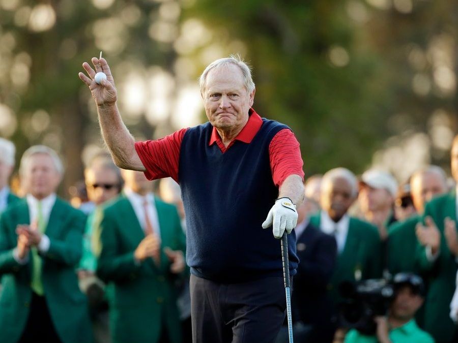 FILE - Jack Nicklaus waves before hitting the first tee for the honorary tee before the first round of the Masters golf tournament, April 9, 2015, in Augusta, Georgia.